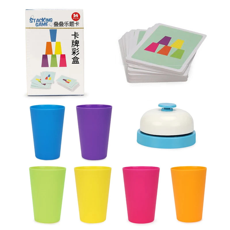 A set of colorful plastic stacking cups in various colors including blue, purple, green, yellow, and pink.