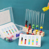 A set of wooden clip beads in various colors is displayed alongside clear test tubes and a yellow tool for a fine motor skill
