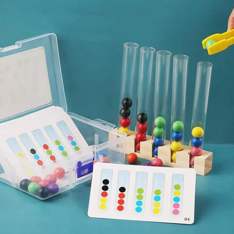 A set of wooden clip beads in various colors is displayed alongside clear test tubes and a yellow tool for a fine motor skill