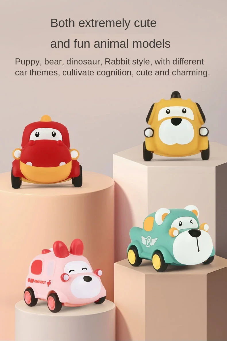 A set of cute animal model pull-back toy cars in various themes, including a yellow bear and pink car.
