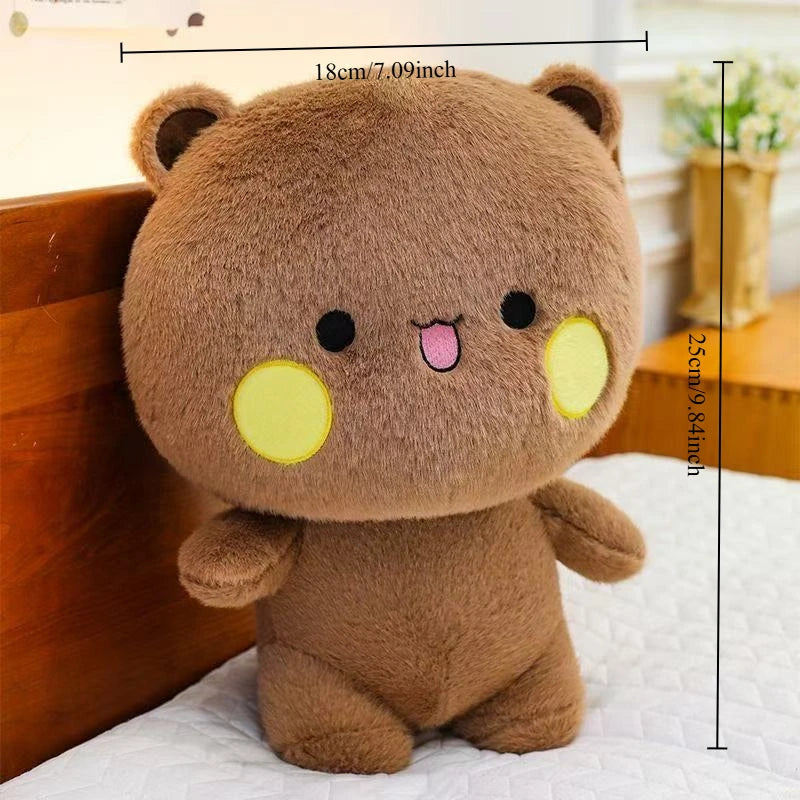 A brown fluffy panda plush toy with yellow accents, shown against a white background.