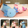 Three sizes of axolotl plush pillows shown in 30cm, 60cm, and 90cm for gifting