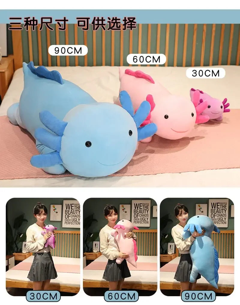 Three sizes of axolotl plush pillows shown in 30cm, 60cm, and 90cm for gifting