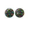 Two spherical silicone beads with an orange and green leopard print pattern.