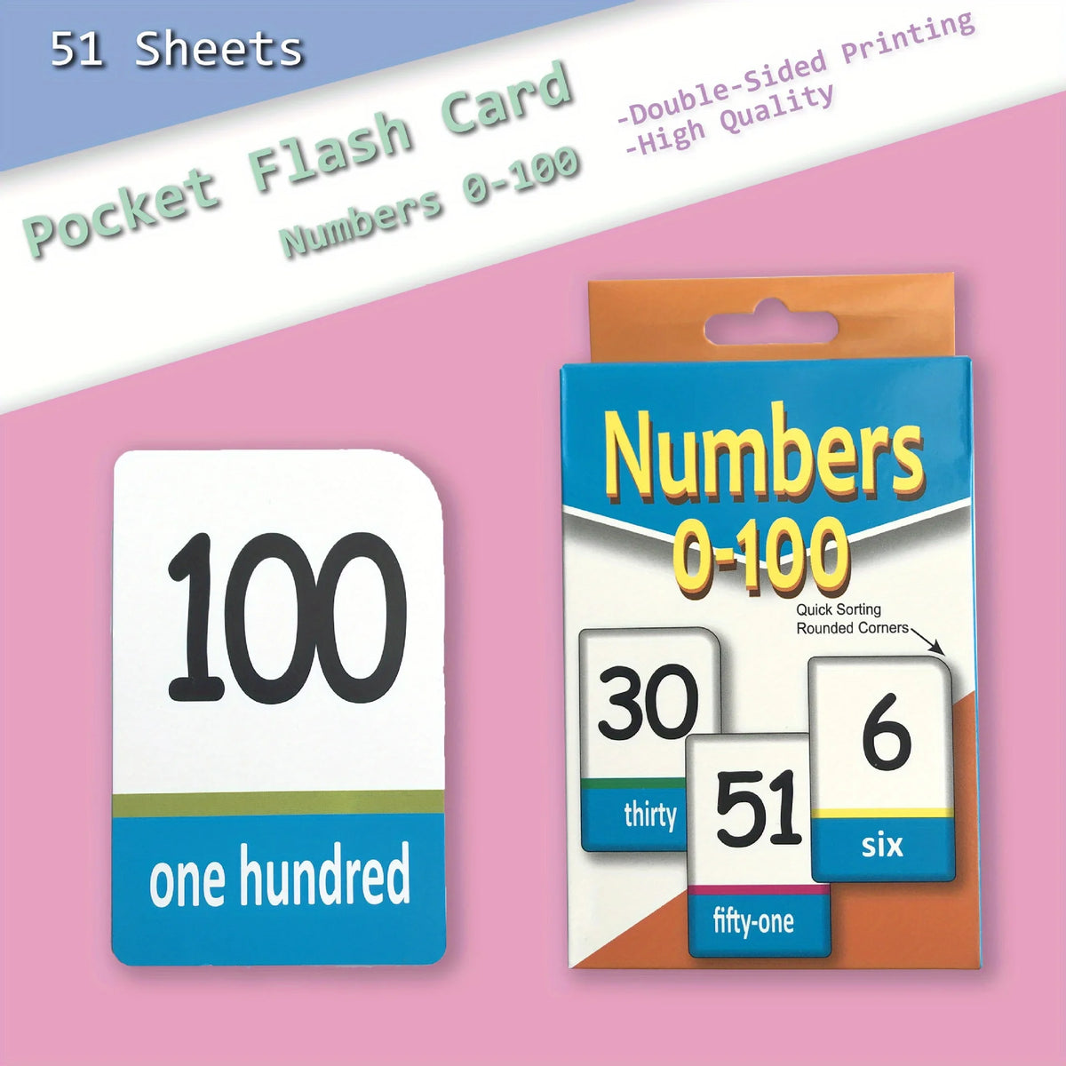 A pack of 51 double-sided number flash cards for numbers 0-100, including cards like 100, 30, 51, and 6.