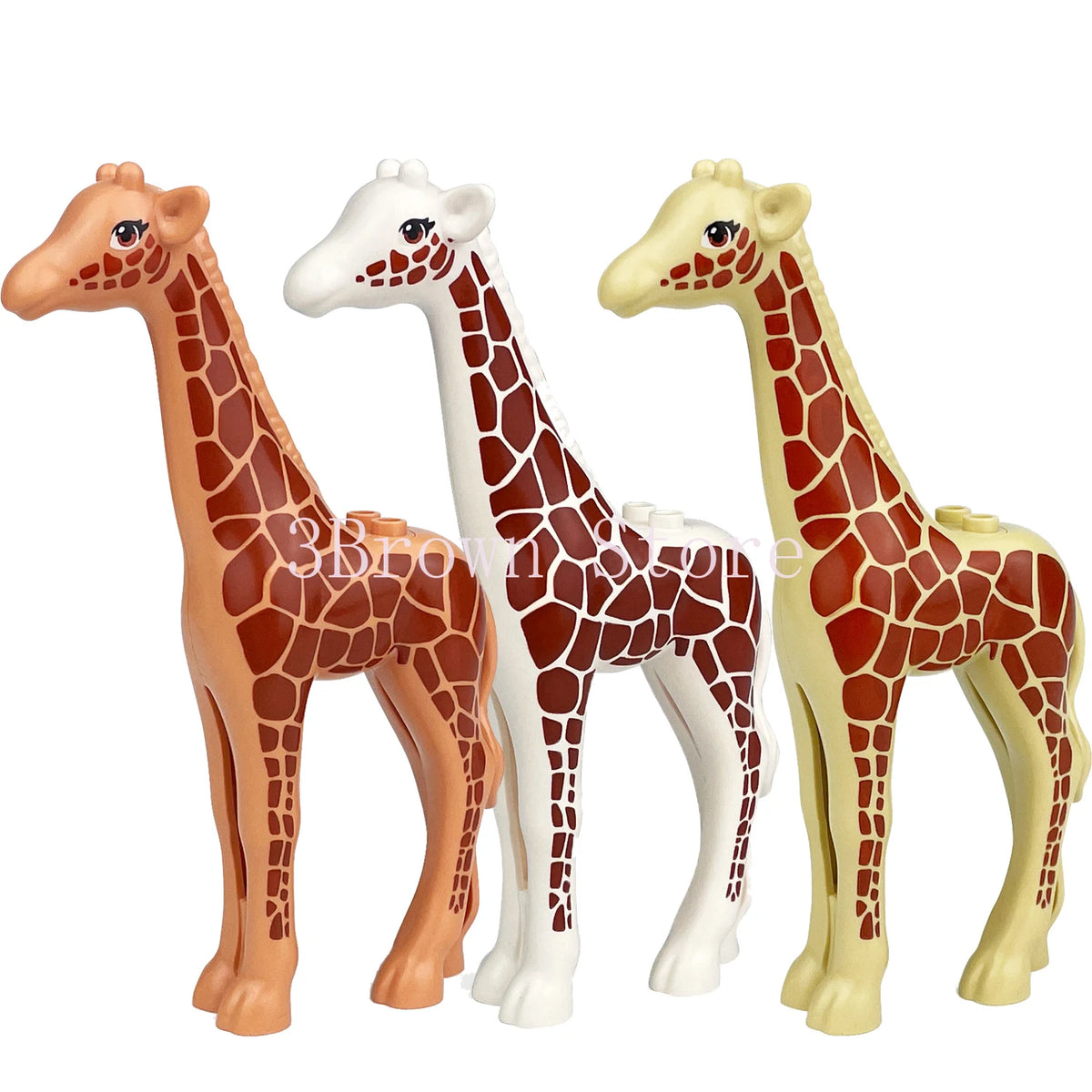 A set of six plastic building blocks shaped like giraffes in various colors and styles.