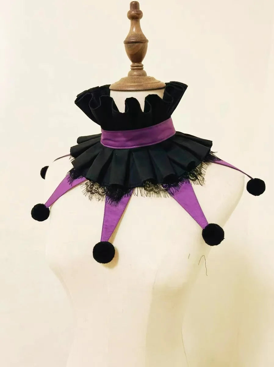 A handmade colorful clown ruff collar accessory displayed on a mannequin.