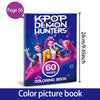 A dark blue coloring book titled KPOP Demon Hunters featuring three anime girls in action poses.