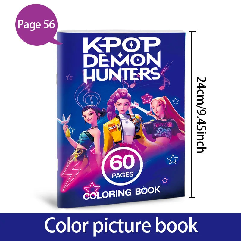 A dark blue coloring book titled KPOP Demon Hunters featuring three anime girls in action poses.
