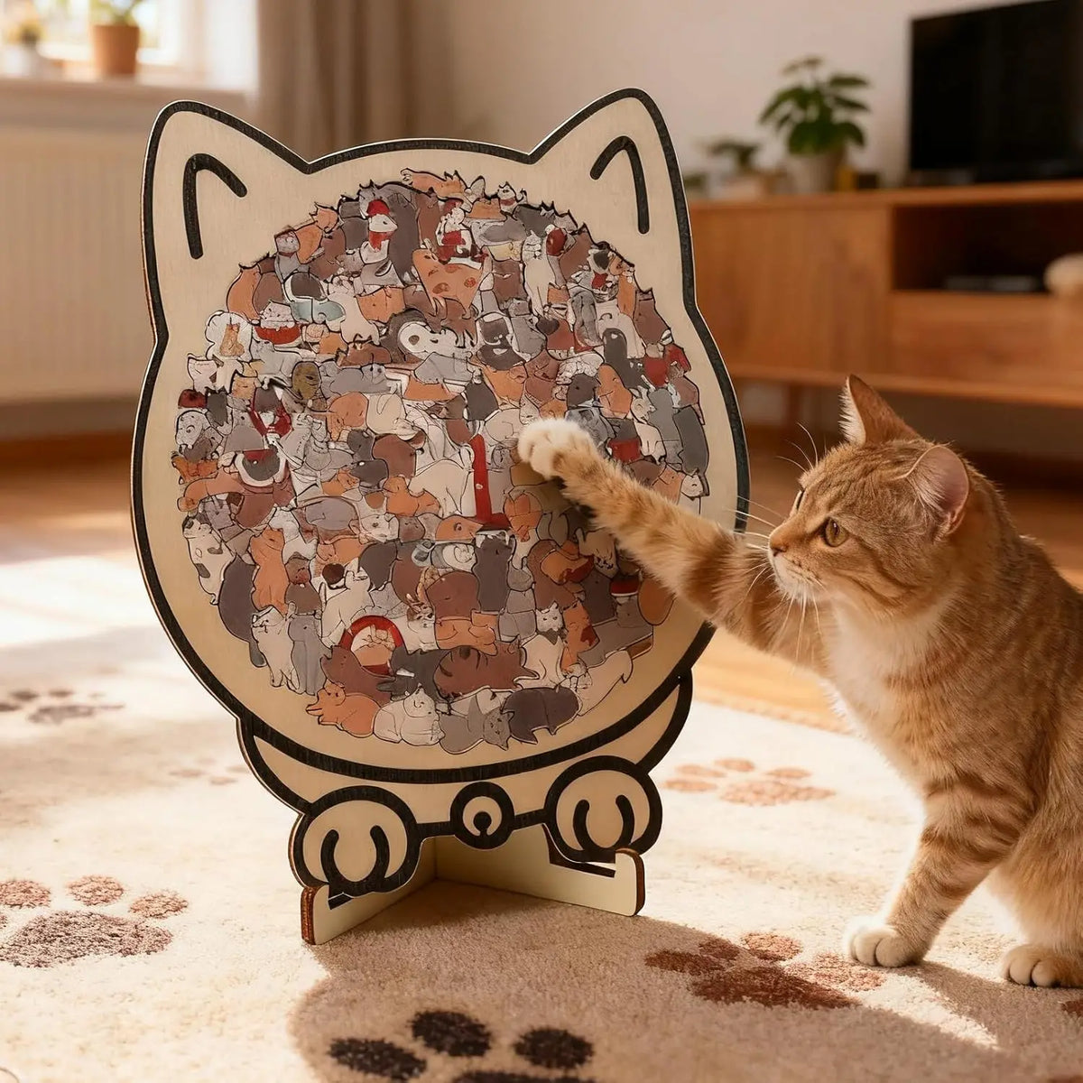 A tabby cat pawing at a wooden cat-shaped jigsaw puzzle featuring many small cats.