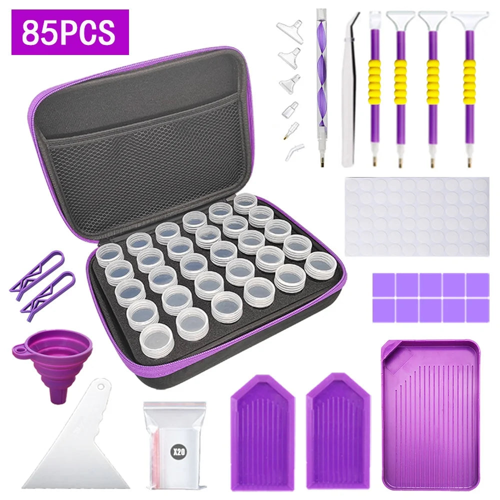 A purple diamond painting tool kit featuring a tray, pen, tweezers, and various tools for painting.