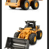 A yellow alloy remote control engineering vehicle set featuring a dump truck and a separate shovel attachment.