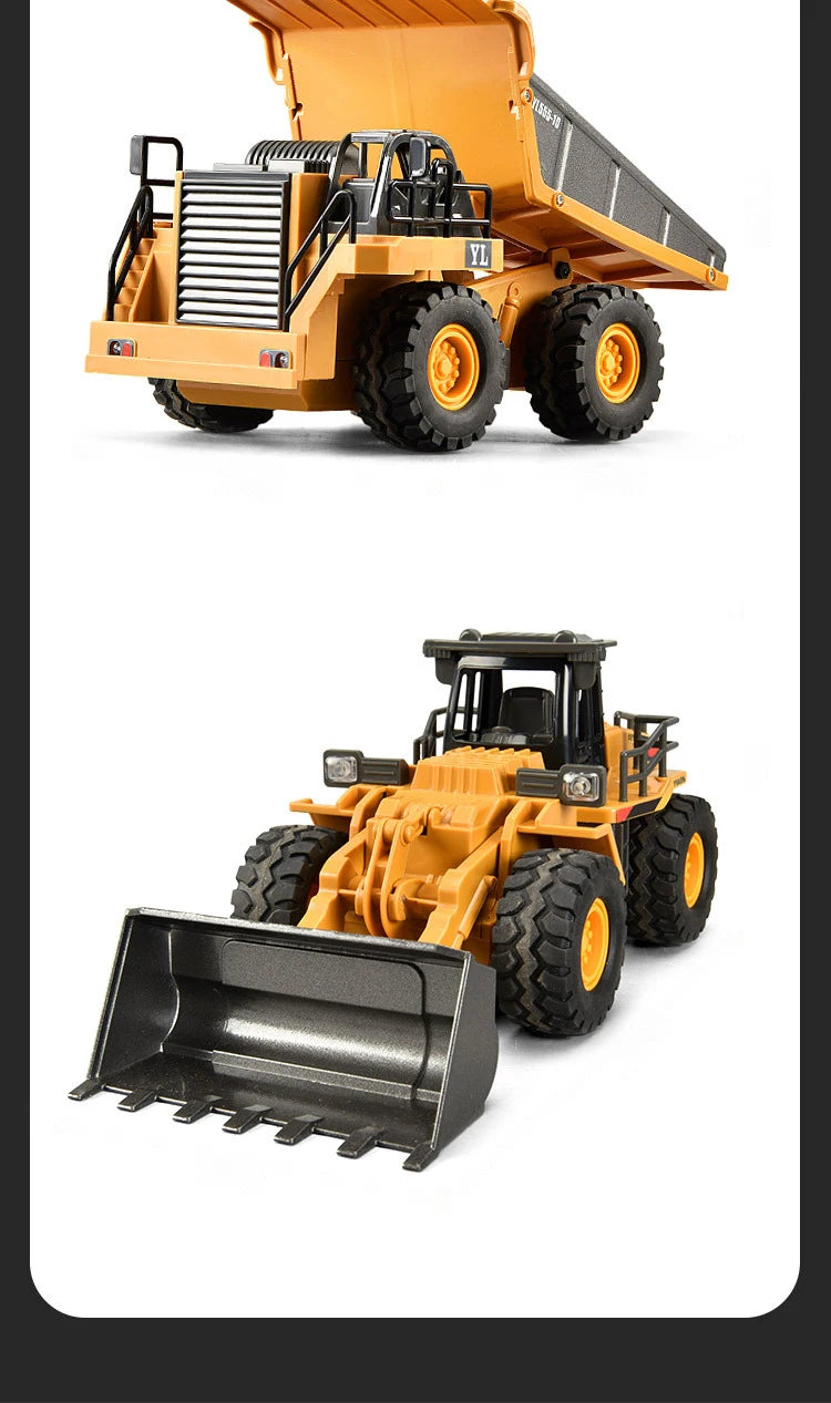 A yellow alloy remote control engineering vehicle set featuring a dump truck and a separate shovel attachment.