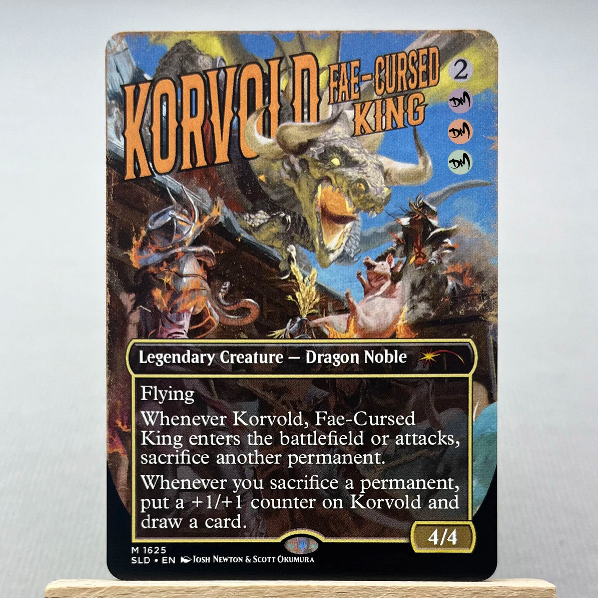 A Magic: The Gathering card featuring the Legendary Creature Dragon Noble Korvold, Fae-Cursed King.