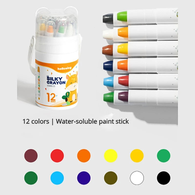 A set of 12 water-soluble paint sticks in various colors, packaged in a white twist-up container.