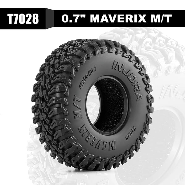 A close-up view of a black Injor Maverix M/T performance crawler tire.
