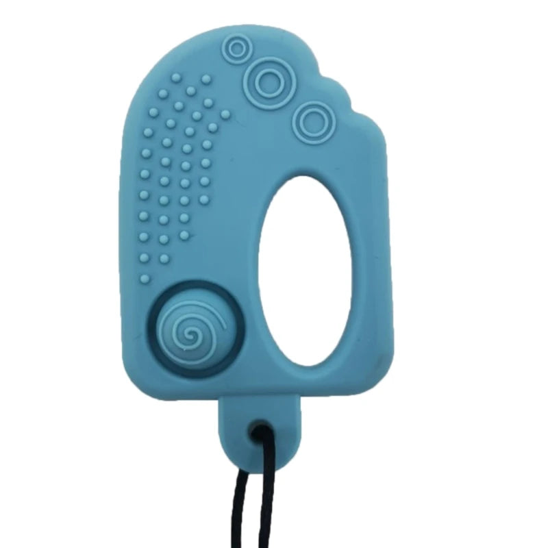 Light blue silicone chew necklace with textured grips and a swirl design, attached to a black cord.