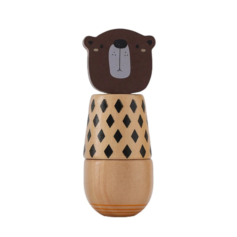A wooden animal puzzle toy featuring a brown bear head and a patterned body.