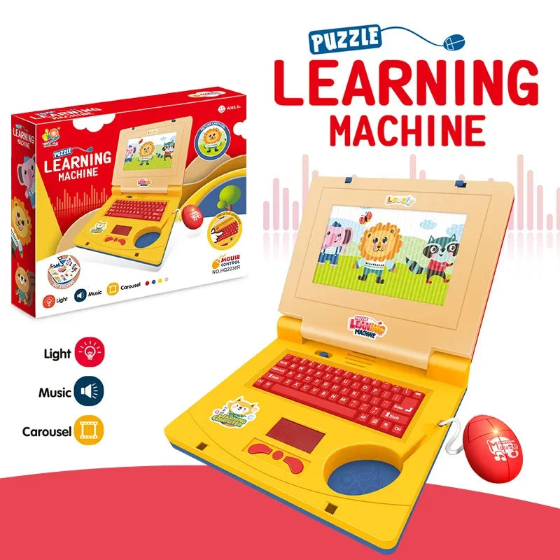 A yellow toddler learning machine laptop toy with a keyboard and trackball, featuring light and music functions.