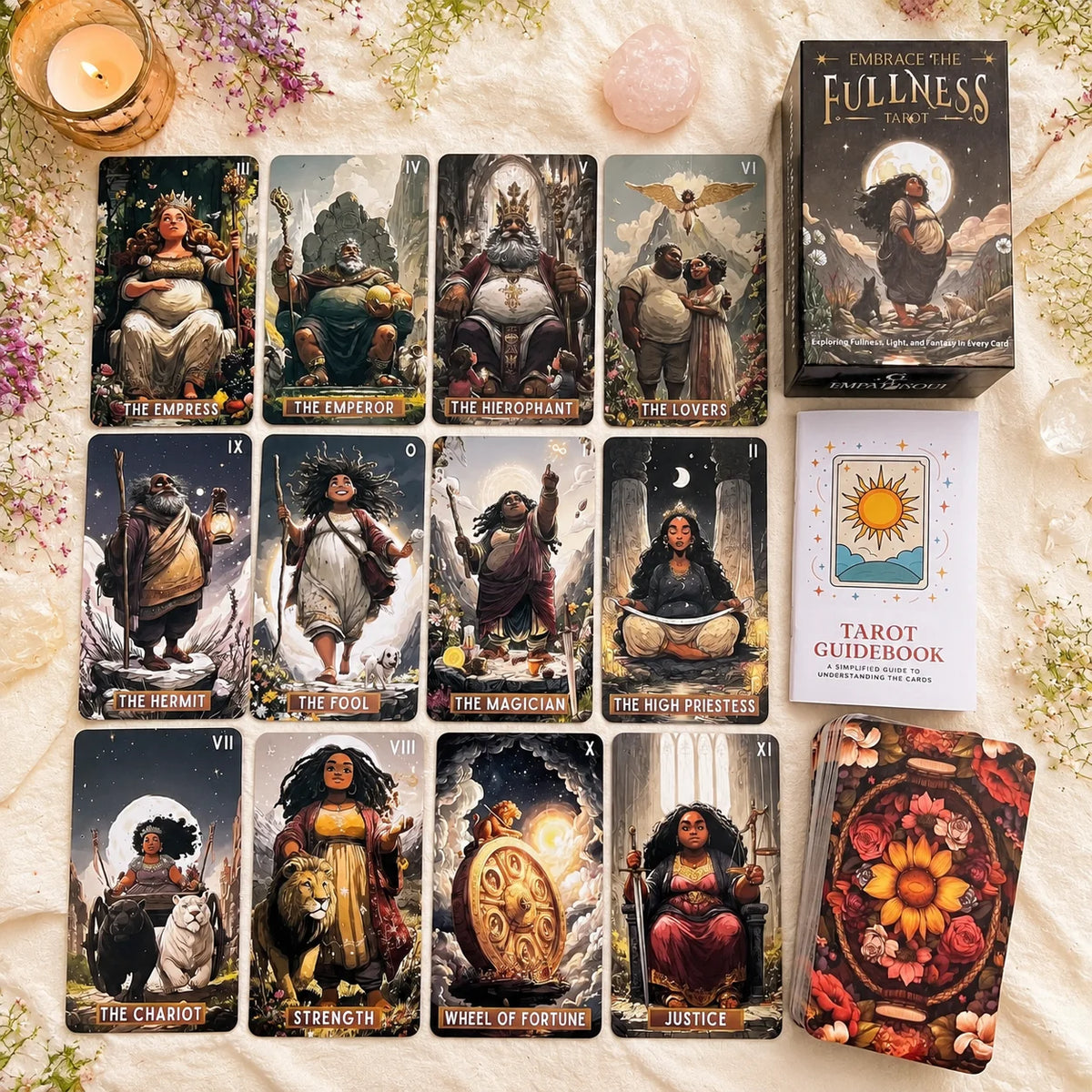 A collection of Embrace the Fullness Tarot cards and a guidebook laid out on a light-colored surface.