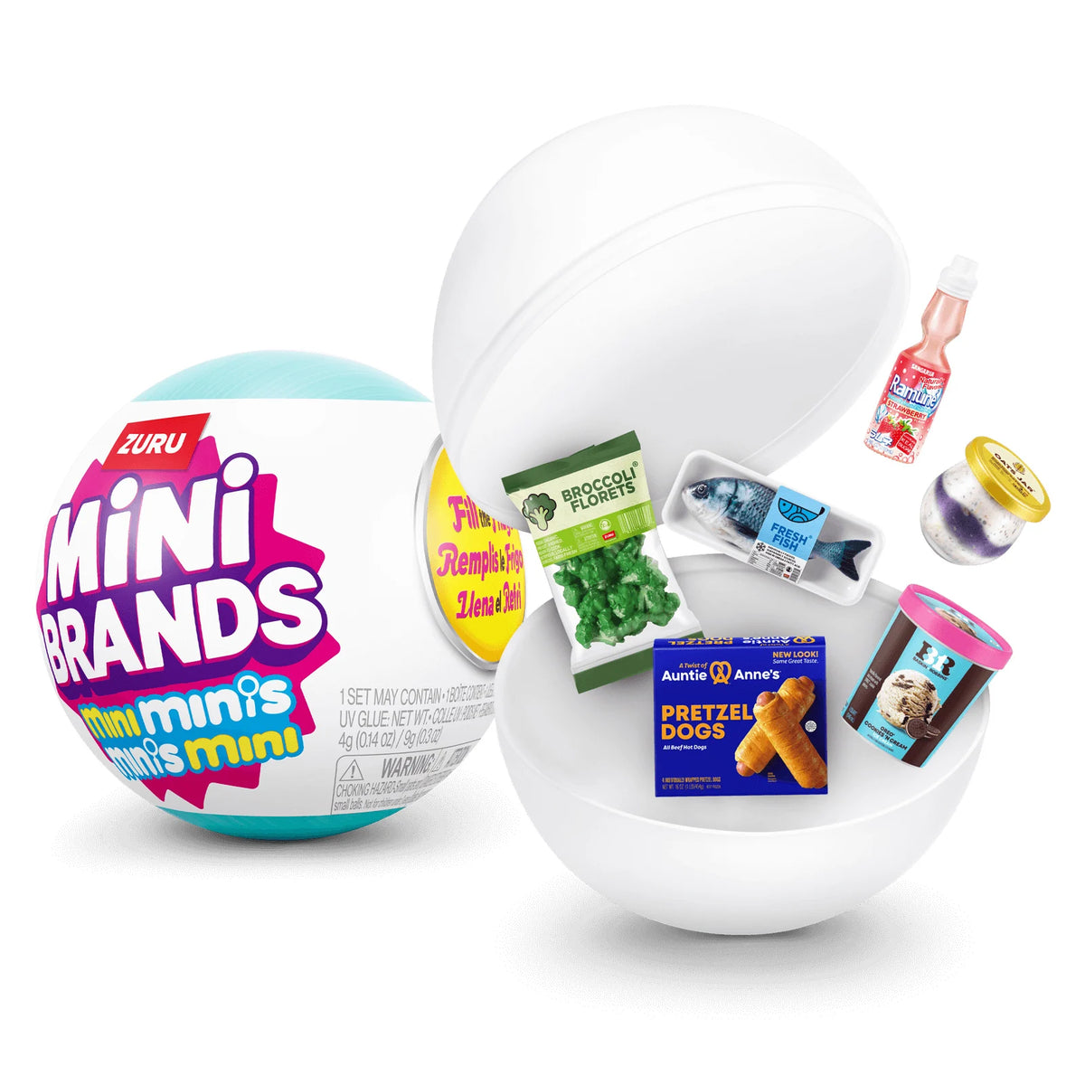A collection of Mini Brands collectible toys, including a white ball and various packaged items.