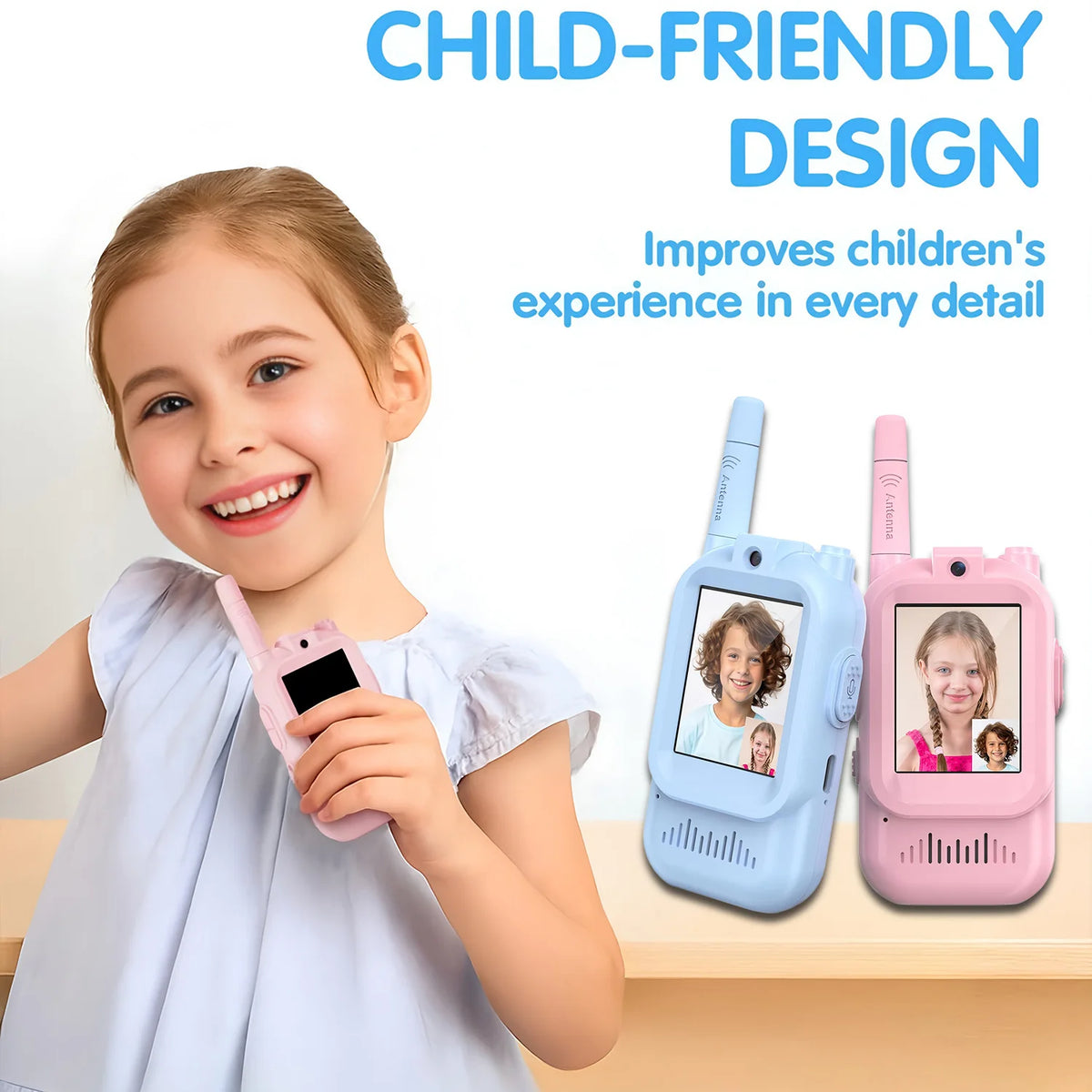 A smiling girl holds a pink kids' video walkie-talkie with a screen displaying a child's face.