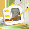 A white interactive learning board with a drawing screen and letter flash cards for children.
