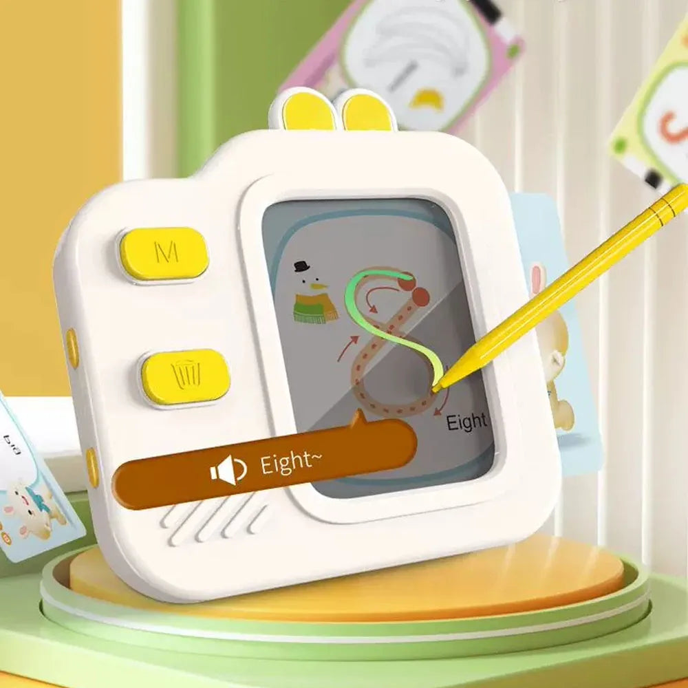 A white interactive learning board with a drawing screen and letter flash cards for children.