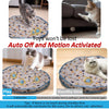 A cat toy that is auto off and motion activated, shown in various usage contexts.