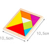 A wooden tangram puzzle board with colored triangular pieces inside a wooden frame.