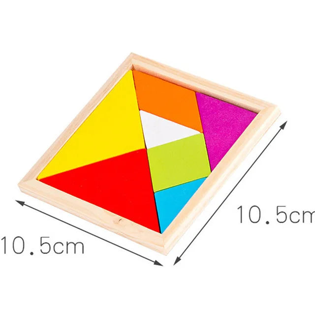 A wooden tangram puzzle board with colored triangular pieces inside a wooden frame.