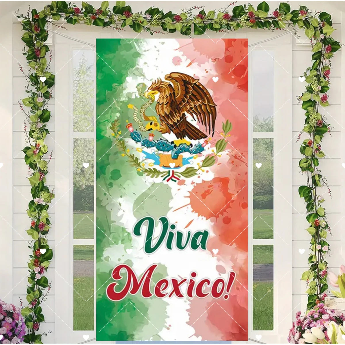 A door cover featuring a vibrant Mexican flag design with an eagle and foliage, framed by green vines.