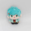 A plush doll of an anime alien character with bright blue hair and green eyes wearing a teal shirt.