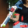 A hand holds a blue soft bullet shotgun toy with red shells, demonstrating the shell ejecting action.