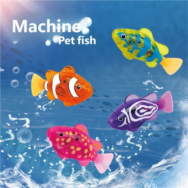 Colorful light-up pet fish swimming in blue water against a bright sky background.