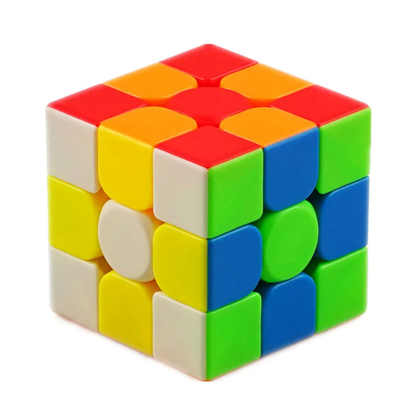 A stickerless 3x3 magic cube puzzle with colored faces arranged in a cube shape.