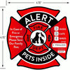 A red and black circular decal featuring an alert sign for pets inside, with dimensions marked.