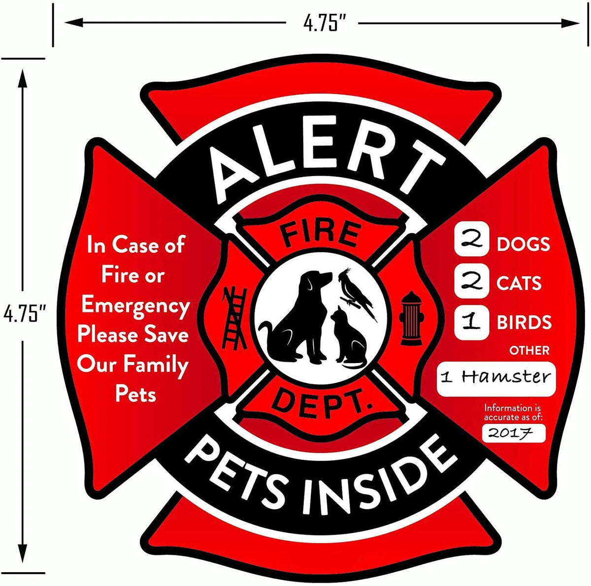 A red and black circular decal featuring an alert sign for pets inside, with dimensions marked.
