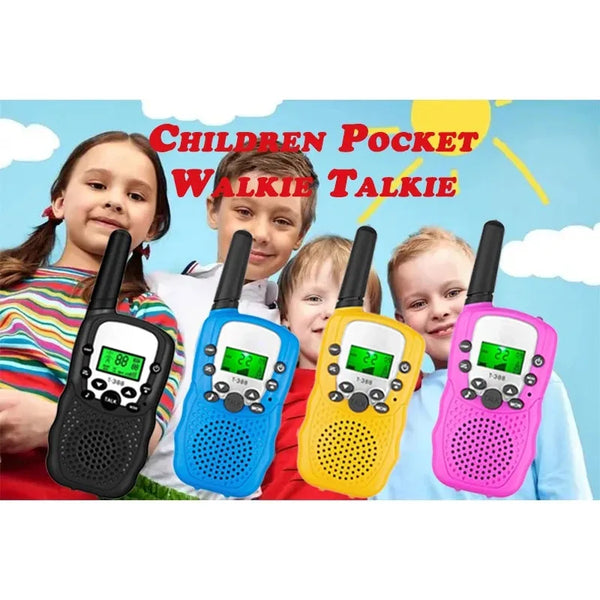 A set of colorful children's pocket walkie talkie radios held by several smiling children against a light blue background.