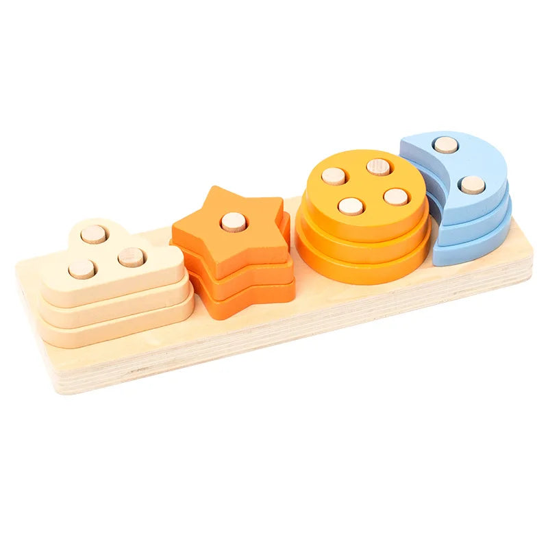 Holz-Stapelpuzzle mit orangefarbenen und blauen Formen für Kleinkinder.