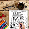 A black and white line drawing of a fireplace with a ghost and flames, used as inspiration for an adult coloring book.