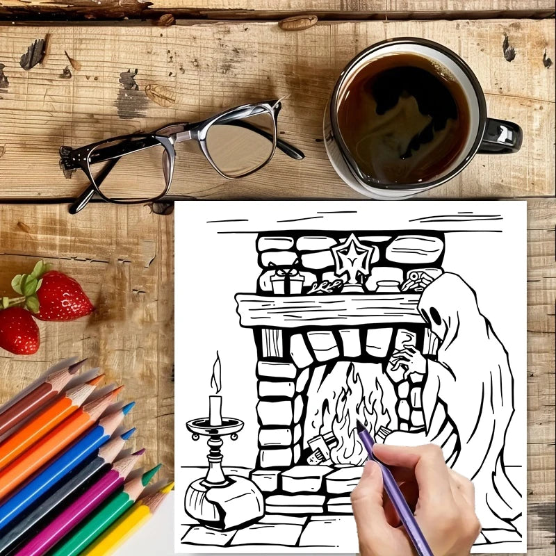 A black and white line drawing of a fireplace with a ghost and flames, used as inspiration for an adult coloring book.