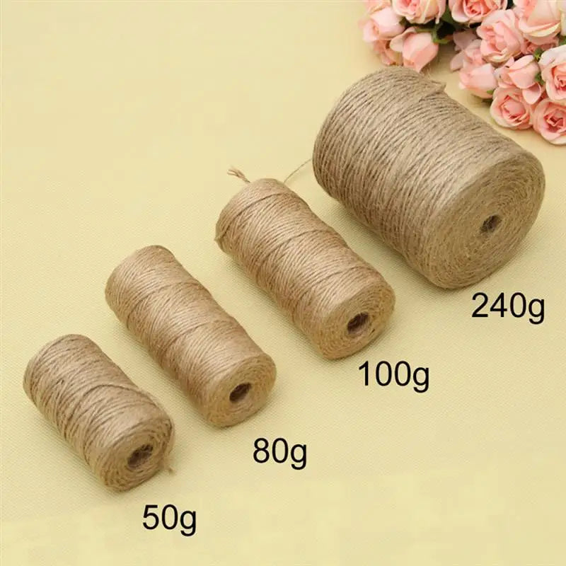 Rolls of natural jute twine in various weights including 50g, 80g, 100g, and 240g displayed on a light background.