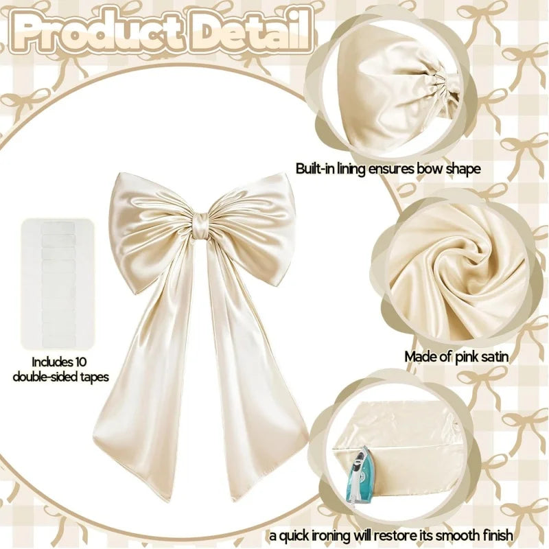 A cream satin bow decoration with a ribbon and tags, shown alongside its components and finished product.