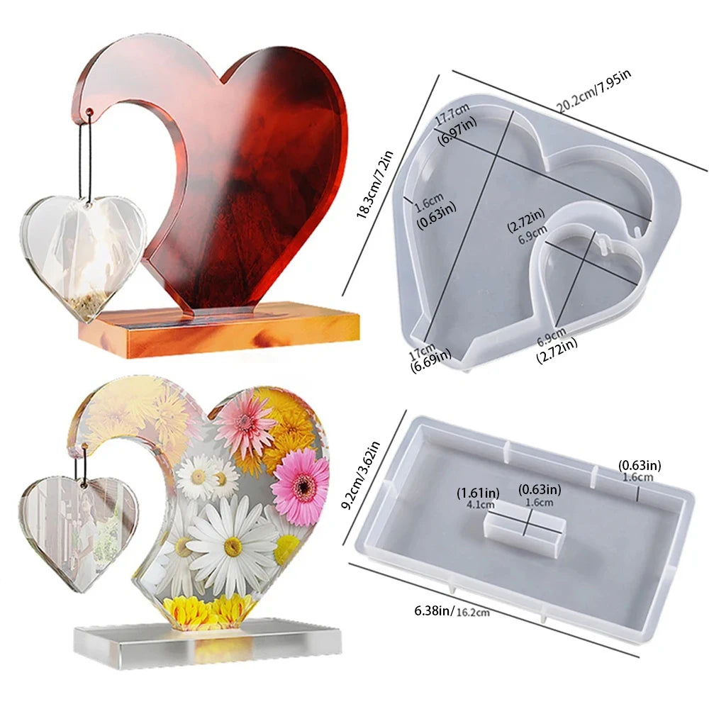 A heart-shaped silicone mold and frame for casting resin, shown with various sizes and a finished product.