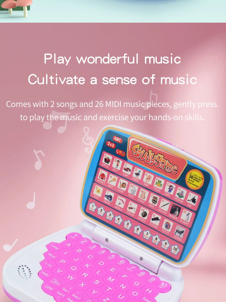 A pink and blue interactive learning laptop toy with a keyboard and musical notes is shown.