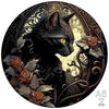 A black cat head silhouette with golden eyes is featured in an ornate, dark background design.
