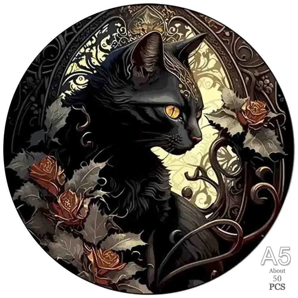 A black cat head silhouette with golden eyes is featured in an ornate, dark background design.