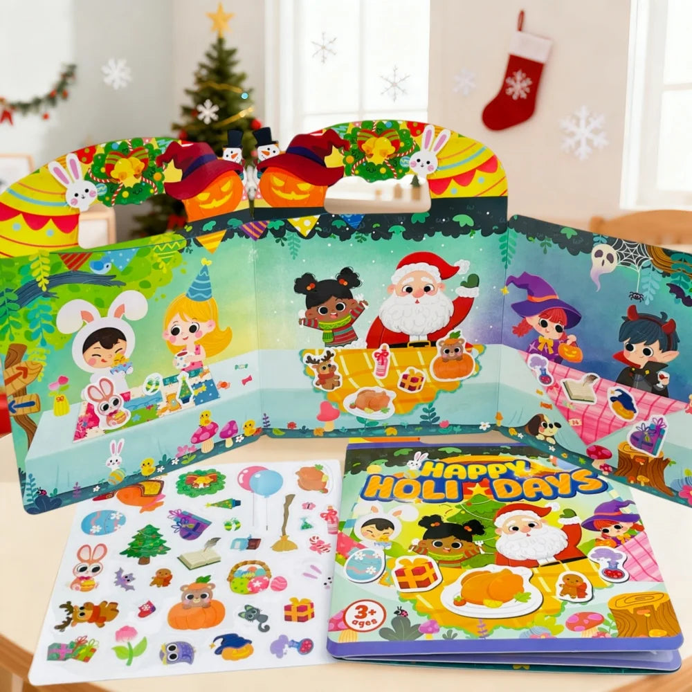 A colorful reusable children's sticker book featuring Christmas and holiday themed stickers.