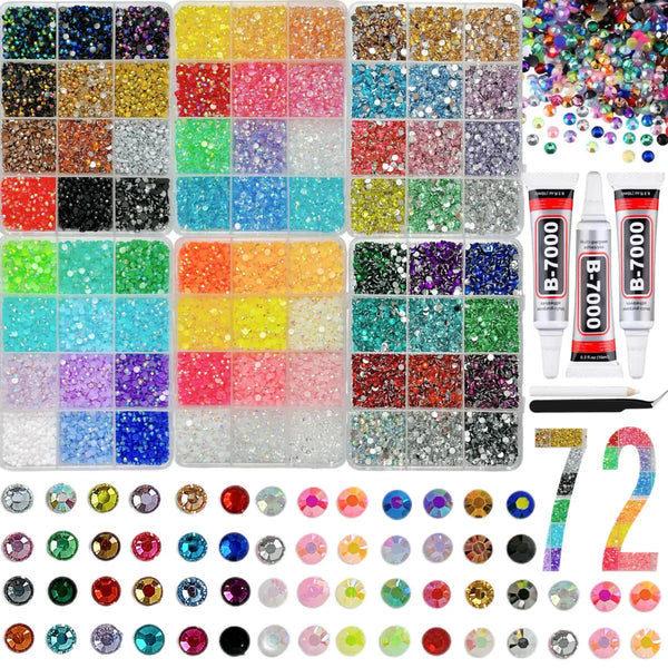 A collection of various glitter and rhinestone embellishments in numerous colors and sizes for nail decoration.